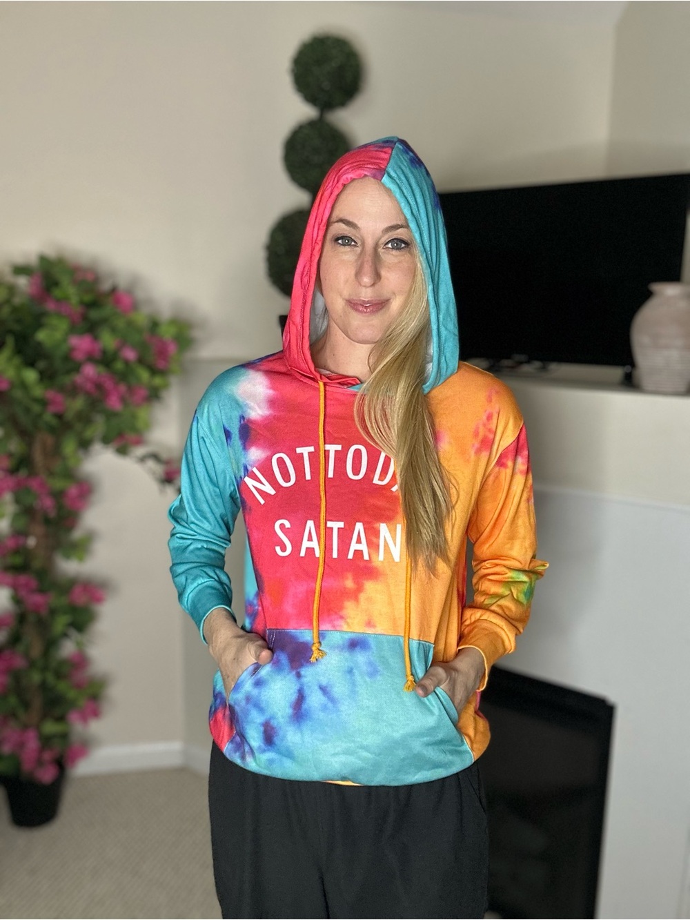 New Tie-Dye Hooded Teddy Pullover - NOT TODAY SATAN - Multi